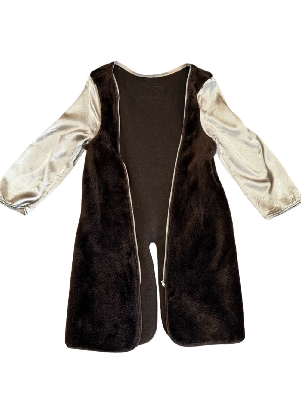 ▫️🐻 REVERSIBLE Brown Faux-Fur Zippered Front Vest w/ Cream Satin Sleeves‎ 🐻▫️